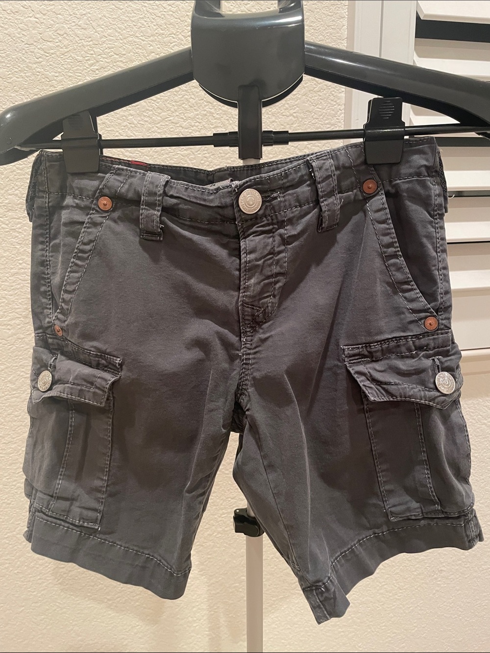 True Religion Charcoal Gray Cargo Shorts with Button Flap Pockets